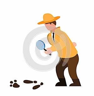 Detective holding magnifier glass inspecting footstep people or animal, trying to solve mystery cartoon flat illustration vector
