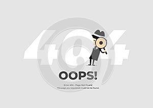Detective holding a magnifying glass behind 404 text. Error 404 page not found. System maintenance.