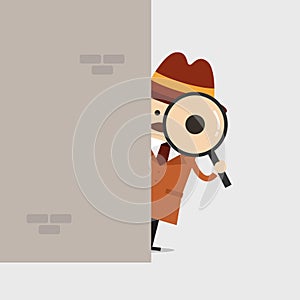 Detective holding a magnifying glass behind the wall. Police detective and inspector cartoon.