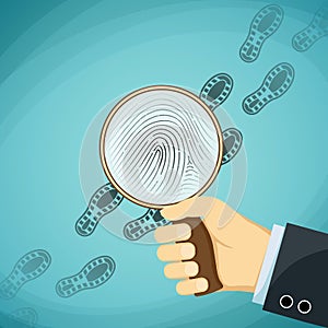 Detective holding a magnifying glass. Fingerprint. Stock Vector