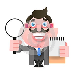 Detective Holding A Magnifying Glass. Vector Illustration