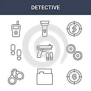 9 detective icons pack. trendy detective icons on white background. thin outline line icons such as fingerprint, doughnut,