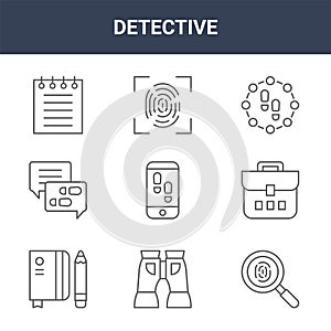 9 detective icons pack. trendy detective icons on white background. thin outline line icons such as fingerprint, briefcase,