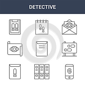 9 detective icons pack. trendy detective icons on white background. thin outline line icons such as smartphone, footprints, report