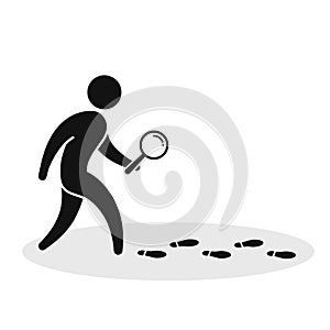 Detective investigate is following footprints. Man with loupe search footstep Vector illustration