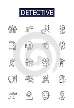 Detective line vector icons and signs. Sleuth, Searcher, Spy, Enquirer, Analyst, Inspect, Probe, Examine outline vector photo