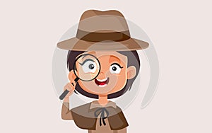 Detective Little Girl Holding a Magnifying Glass Toot Vector Cartoon