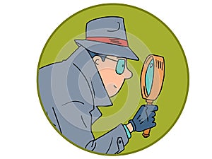 Detective and Magnifying glass, icon. a private detective, a man in a coat, hat and glasses
