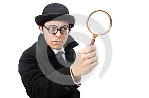 Detective with magnifying glass isolated on the