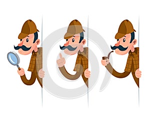 Detective with magnifying glass peeking out of the corner cartoon design vector illustration