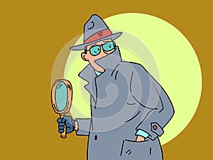 Detective and Magnifying Glass. a private detective, a man in a coat, hat and glasses