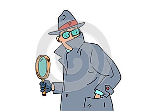 Detective and Magnifying Glass. a private detective, a man in a coat, hat and glasses