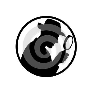 Detective With Magnifying Glass Silhouette Circle Black and White