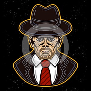 Detective man in fedora hat in suit character colorful vector illustration in cartoon style isolated on dark background