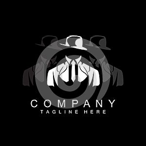 Detective Man Logo Design, Mafia Detective Fashion Tuxedo And Hat Illustration Vector, BlackMan Businesman Icon