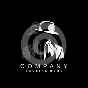 Detective Man Logo Design, Mafia Detective Fashion Tuxedo And Hat Illustration Vector, BlackMan Businesman Icon photo