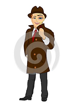 Detective man looking through magnifying glass isolated over white background