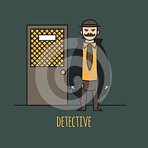 Detective occupation character design, cartoon line style. Design elements and icons. Man character.