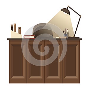 Detective office interior element. Desk with stationery for detective. Crime and criminal evidence. Vector flat style