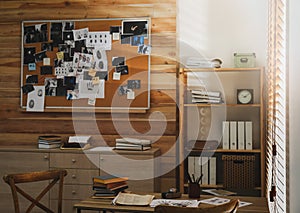 Detective office interior with evidence board on wall