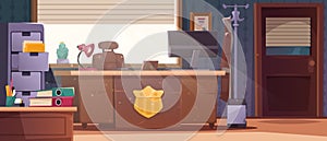 Detective office interior. Investigator cabinet room with clue evidence board, police department station inspector