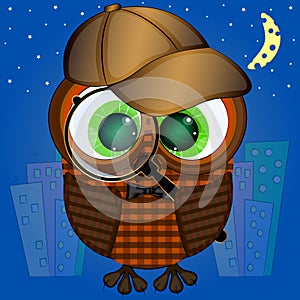 Detective owl with a magnifying glass. vector cartoon illustration.