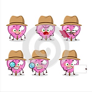 Detective pink broken heart love cute cartoon character holding magnifying glass