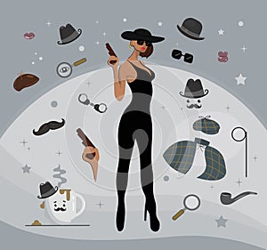 Detective set. Design of a female character with equipment. Icon set elements: gangster lady, bowler hat, pipe, coffee