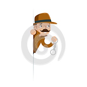 Detective snoop handcuffs look peeking out of the corner cartoon flat design vector illustration