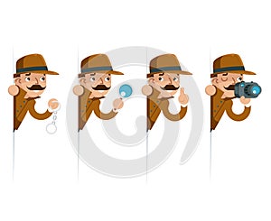 Detective snoop magnifying glass handcuffs whistle look peeking out of the corner cartoon flat design vector