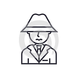 Detective, spy, man with hat concept vector thin line icon, symbol, sign, illustration on isolated background