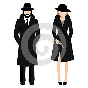 Detective spy man and woman character. private ivestigation agent. mafia gangster