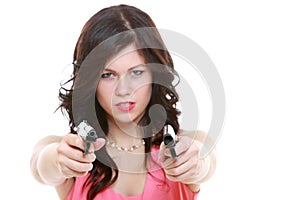 detective spy woman holding gun isolated