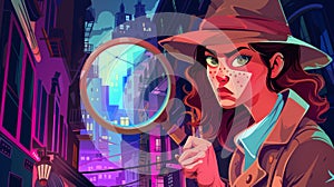 A detective story banner showing a woman sleuth on the trail of a criminal investigation. Modern landing page of a photo