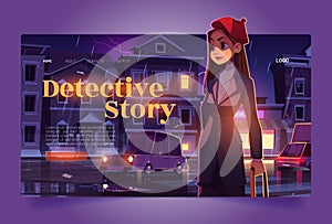 Detective story tour banner with woman sleuth photo