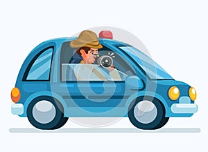 Detective takes photos from inside the car. espionage scene vector