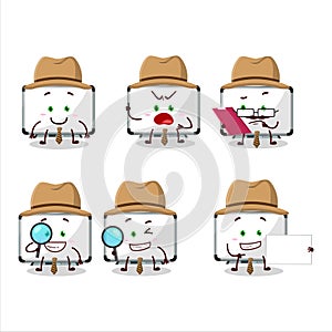 Detective white board cute cartoon character holding magnifying glass