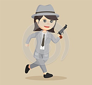 Detective woman running and holding gun