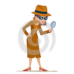 Detective woman snoop magnifying glass tec search help noir cartoon female cartoon character design isolated vector