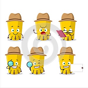 Detective yellow chalk cute cartoon character holding magnifying glass