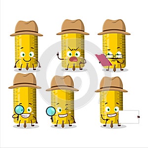 Detective yellow ruler cute cartoon character holding magnifying glass