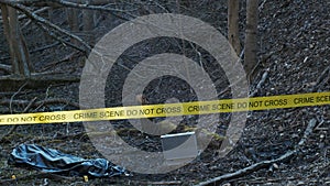 Detectives are collecting evidence in a crime scene. Forensic specialists are making expertise. Police investigation in