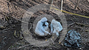 Detectives collecting evidence in a crime scene. Forensic specialists making expertise. Police officers and