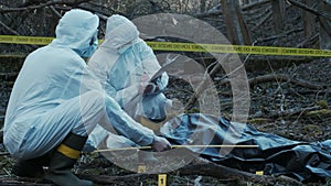 Detectives collecting evidence in a crime scene. Forensic specialists making expertise. Police officers and