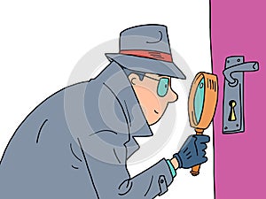 Detectives Magnifying glass peeping through the keyhole of the door. a private detective, a man in a coat, hat and