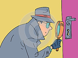 Detectives Magnifying glass peeping through the keyhole of the door. a private detective, a man in a coat, hat and photo