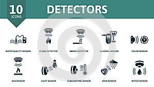 Detectors icon set. Contains editable icons sensor theme such as water quality sensor, smoke detector, color sensor and