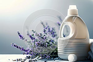 detergent bottle with cap off, surrounded by lavender sprigs on a table