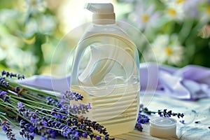 detergent bottle with cap off, surrounded by lavender sprigs on a table