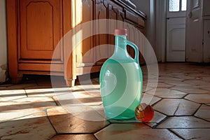 detergent bottle next to scrubbed kitchen floor